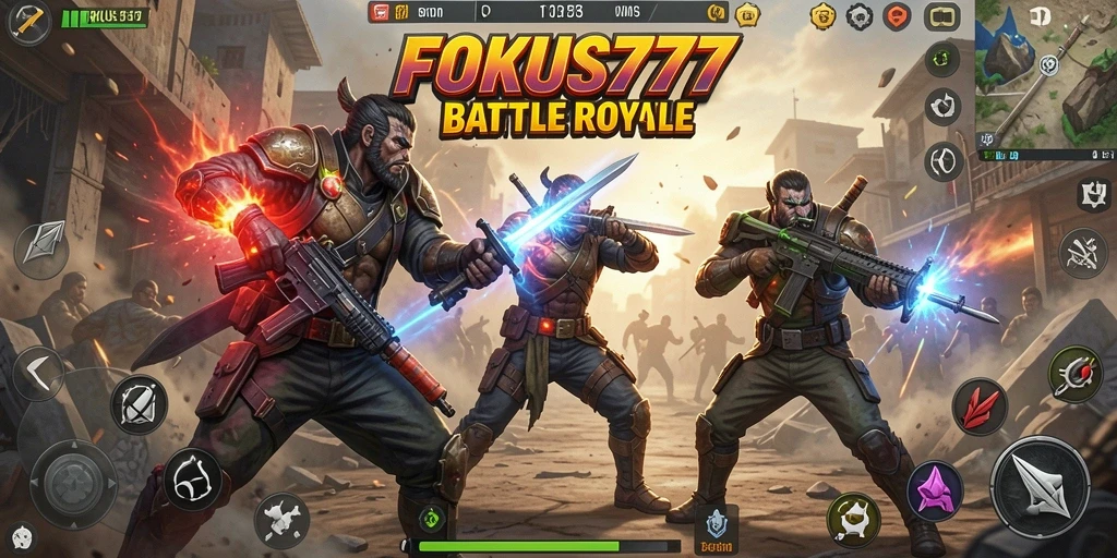 Screenshot gameplay intens dari FOKUS777 dalam pertarungan Battle Royale.