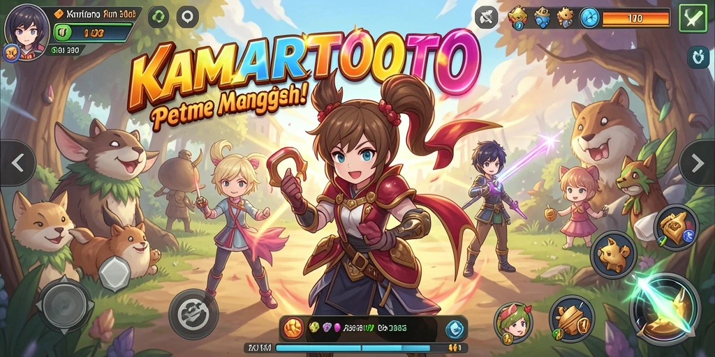 Screenshot gameplay KAMARTOTO menampilkan pertempuran epik dalam gaya anime.