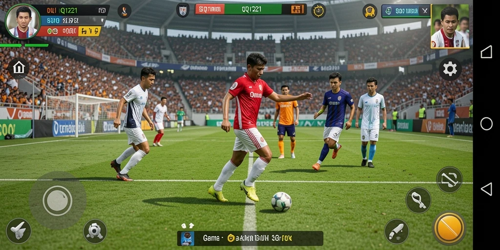 Tangkapan layar utama QQ1221 menunjukkan aksi pertandingan sepak bola yang mendebarkan.